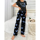 VYBE -  Black With Blue Butterflies Heart Printed PJ Suit