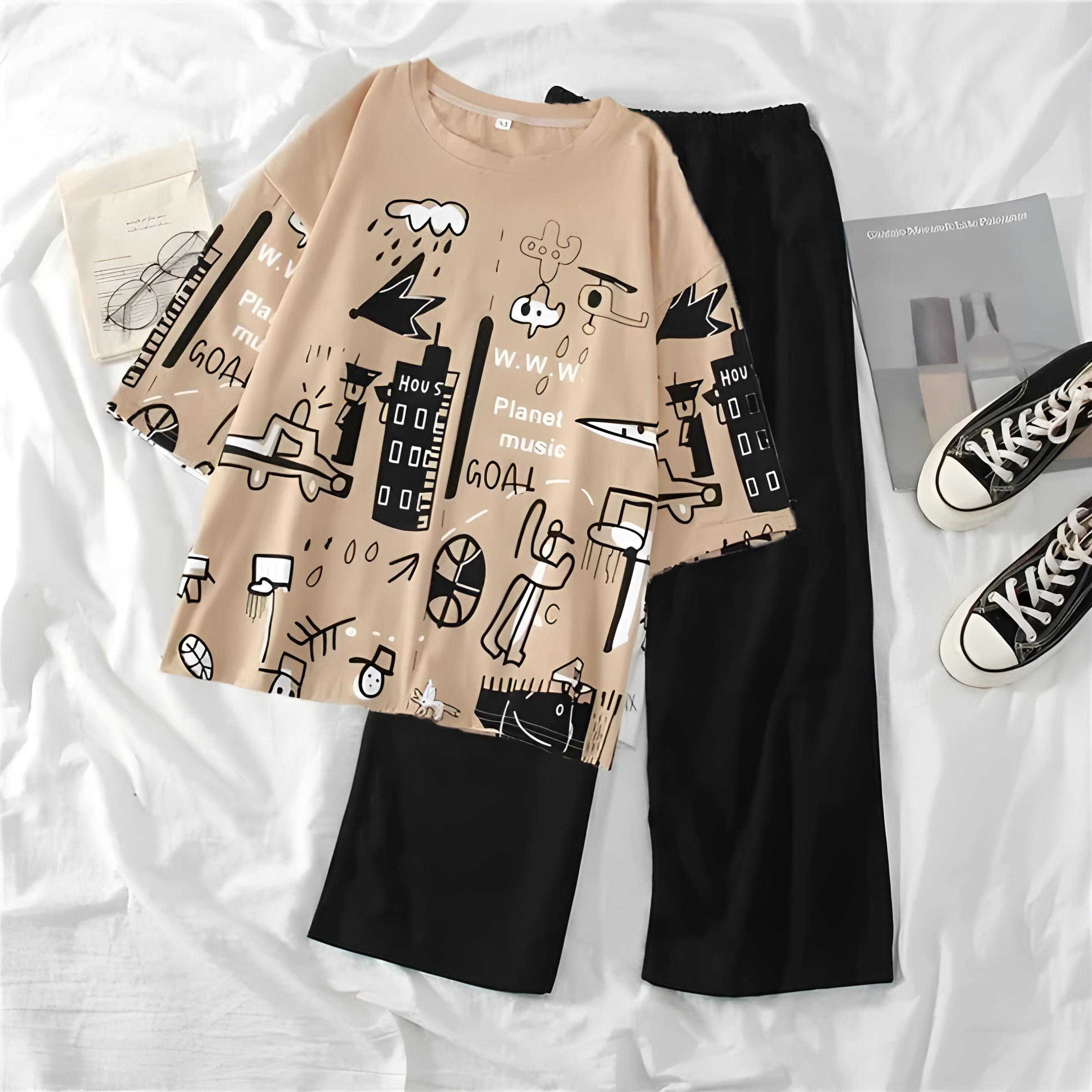 VYBE -  Planet Music Brown Printed PJ Suit