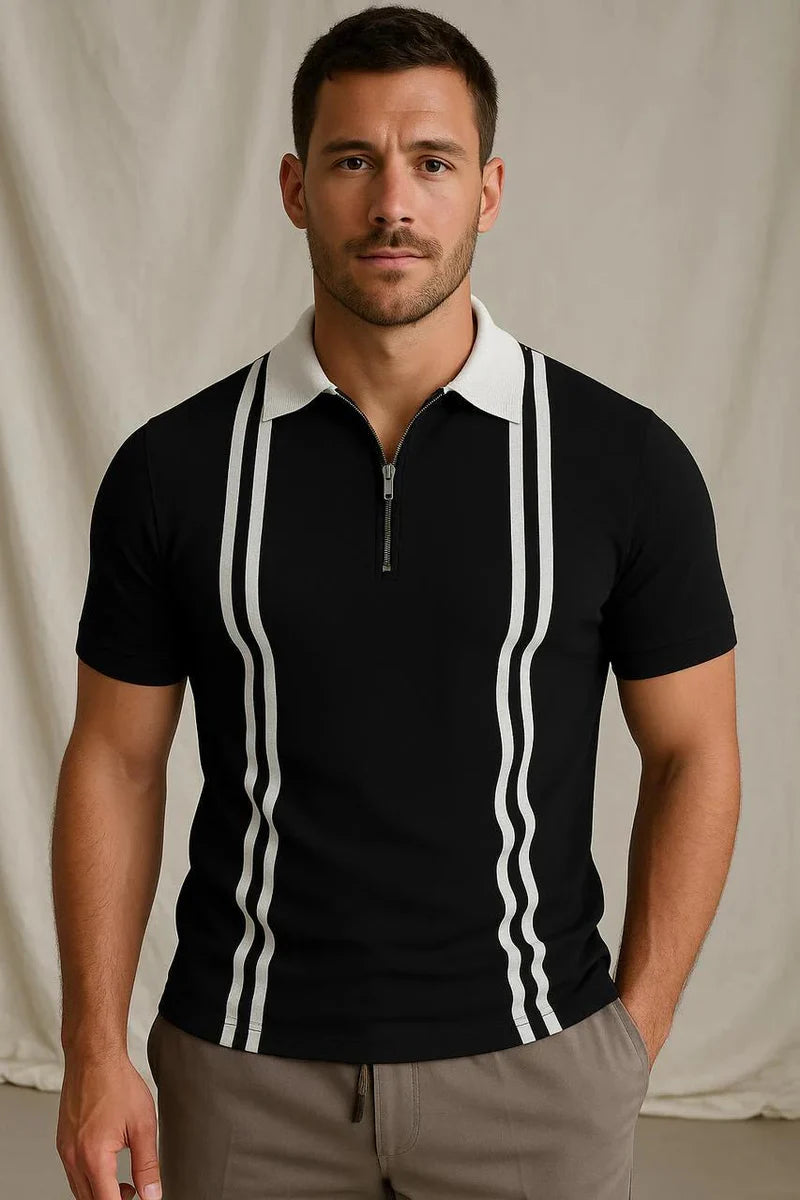 Vybe - Zipper Striped Polo Shirt - Black