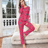 VYBE -  Shocking Pink With Green Herats Printed Pj Suit