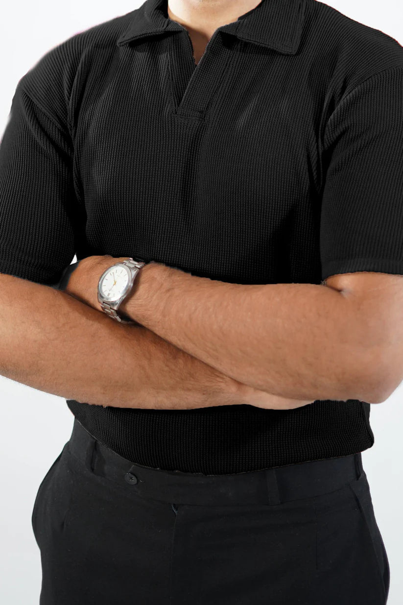 Vybe - Waffle Knitted Polo - Black