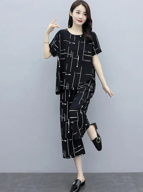VYBE -  Black Capri Printed PJ Suit