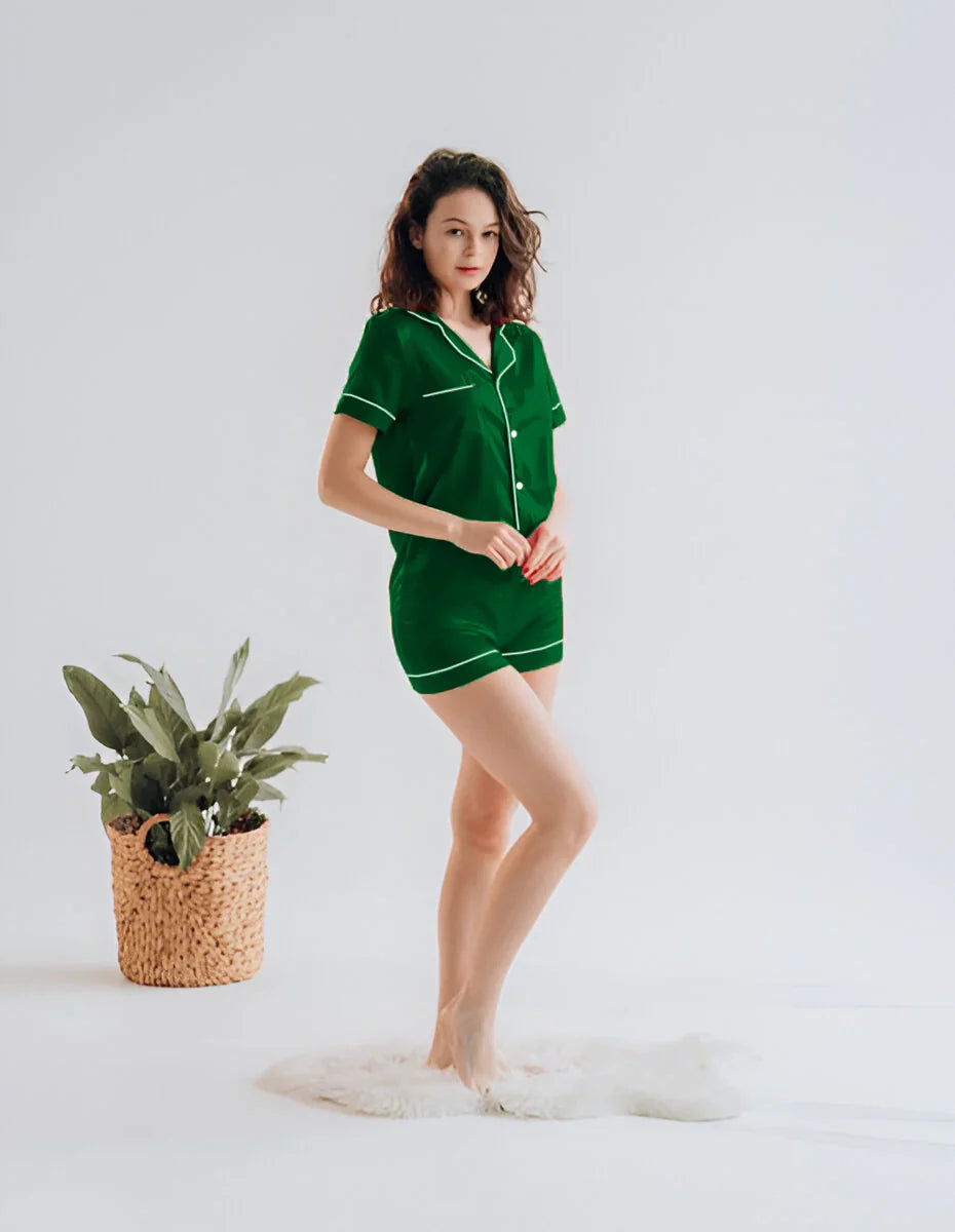 Vybe - Button Down Silk With Short - Bottle Green