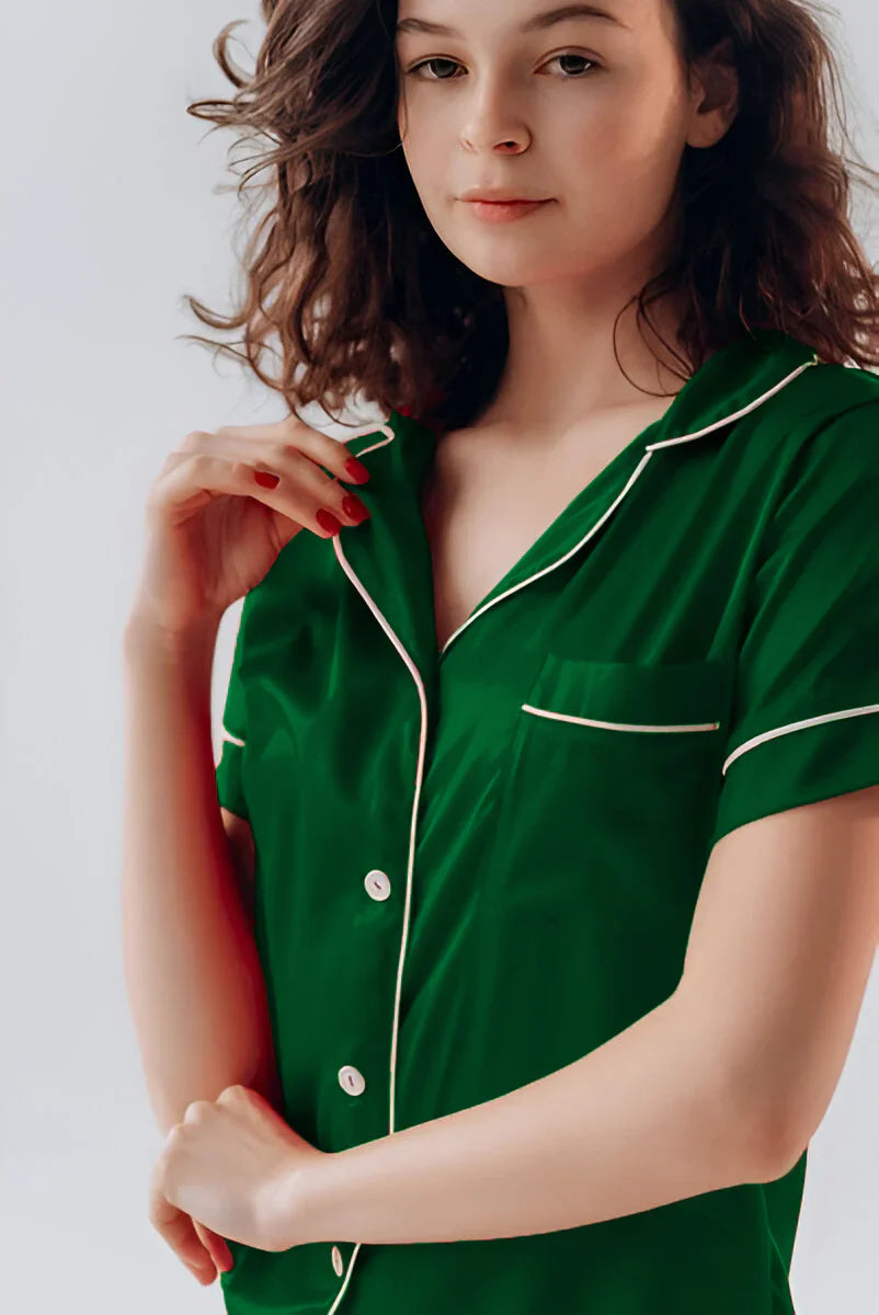 Vybe - Button Down Silk With Short - Bottle Green