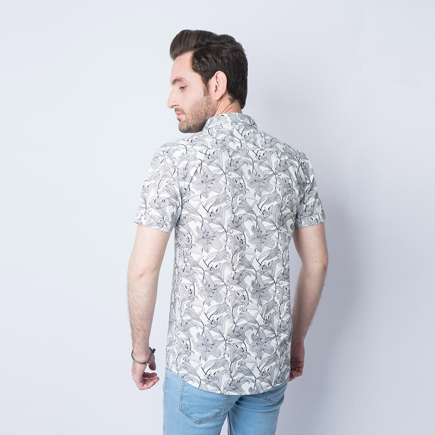 VYBE - Casual Shirts, Linear floral- White, Half Sleeve