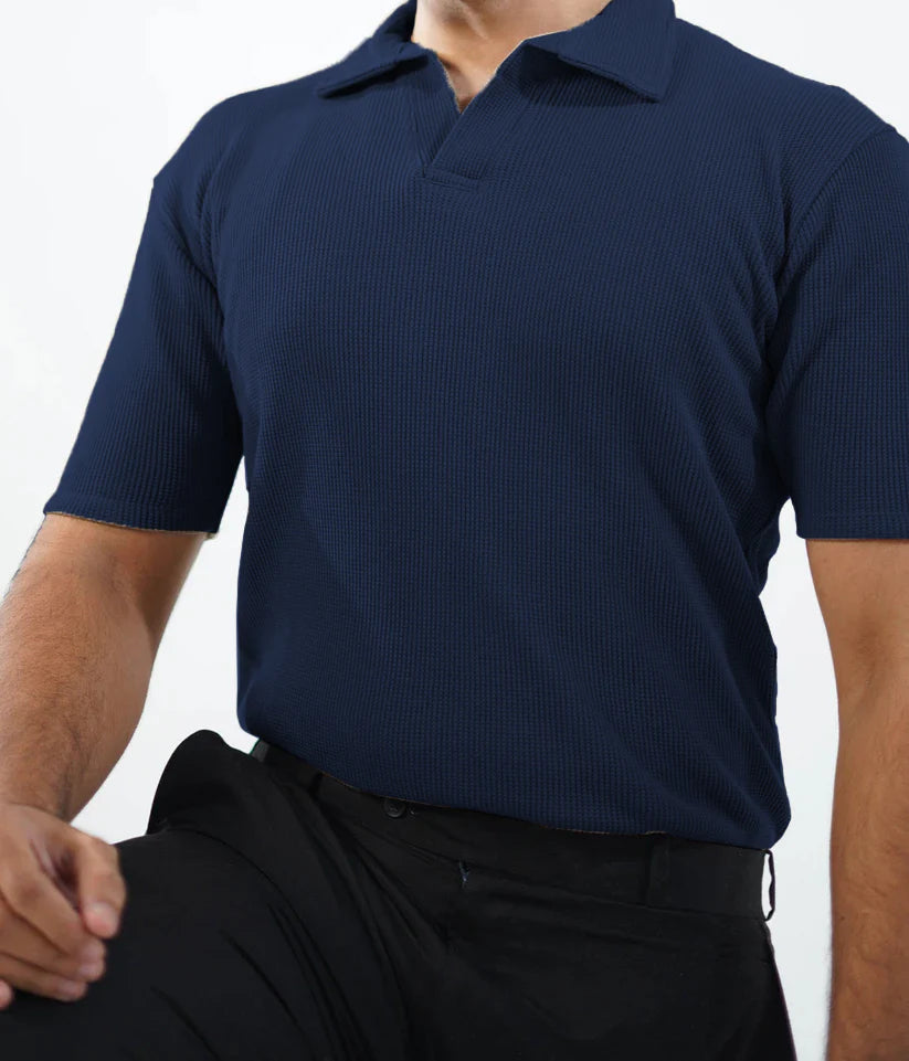 Vybe - Waffle Knitted Polo - NAVYBLUE
