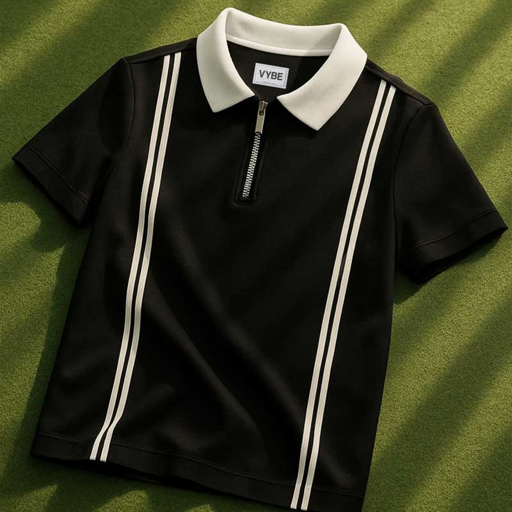 Vybe - Zipper Striped Polo Shirt - Black