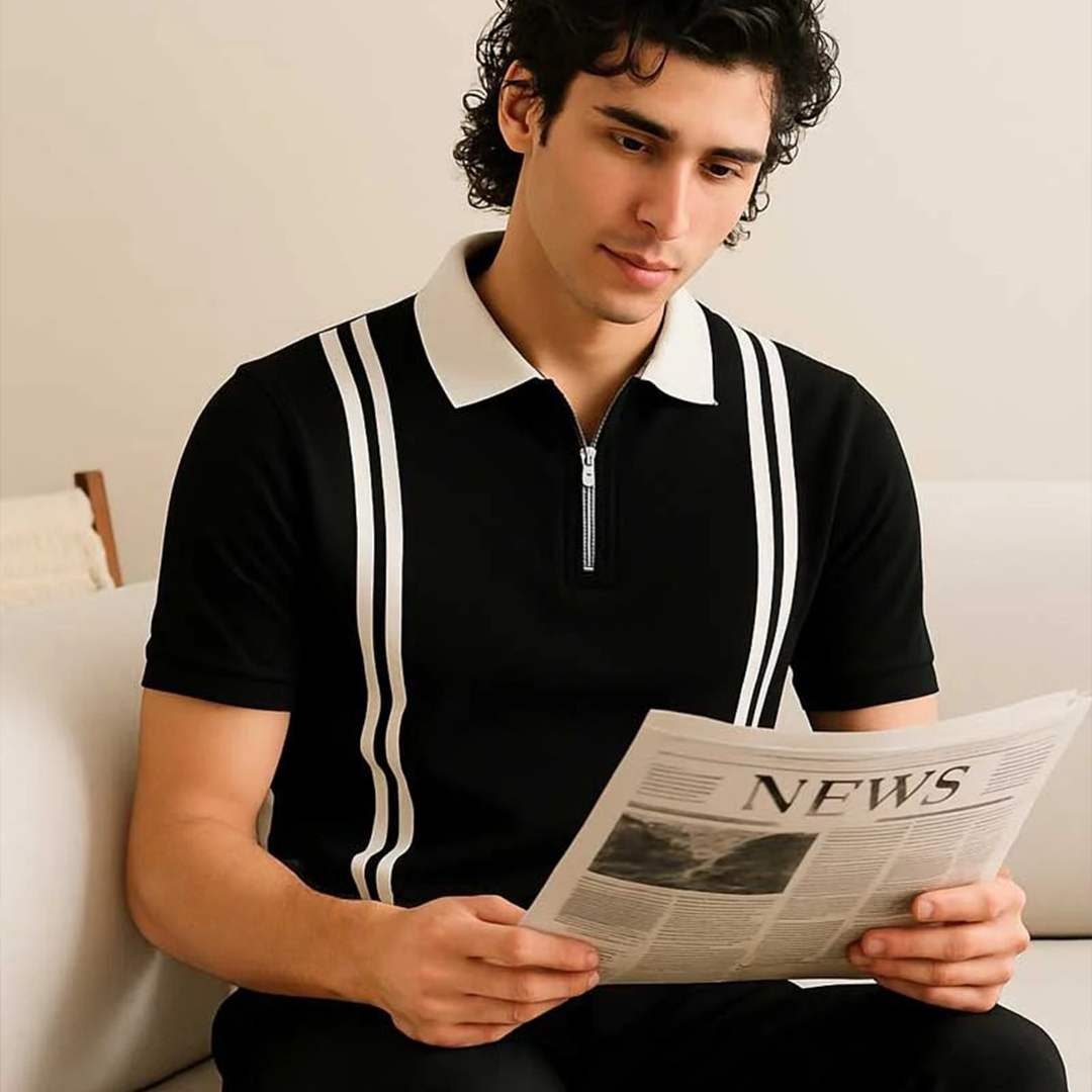 Vybe - Zipper Striped Polo Shirt - Black