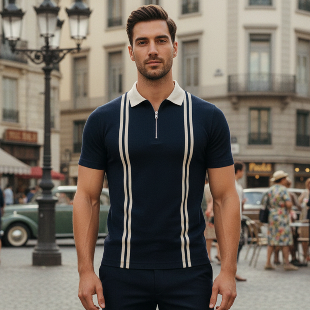 Vybe - Zipper Striped Polo Shirt - Navyblue