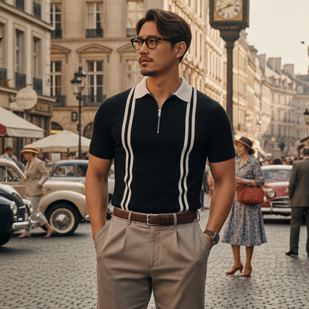 Vybe - Zipper Striped Polo Shirt - Black