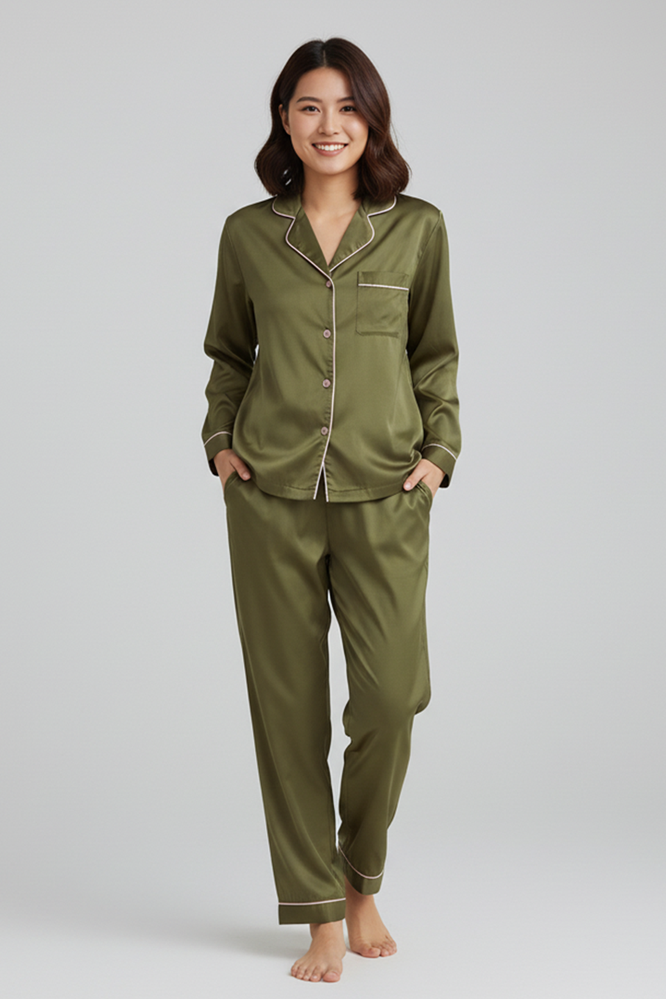Vybe - Premium Silk Pajama Suit - Olive