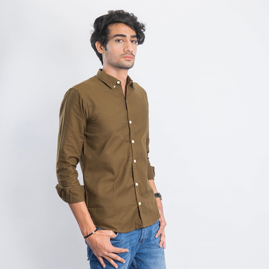 VYBE- Casual Solid Shirt- Olive Brown