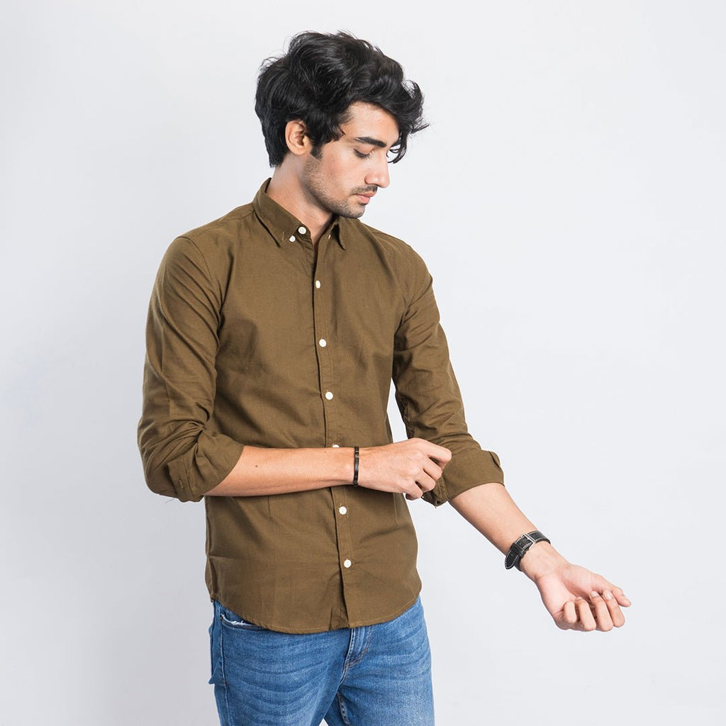 VYBE- Casual Solid Shirt- Olive Brown