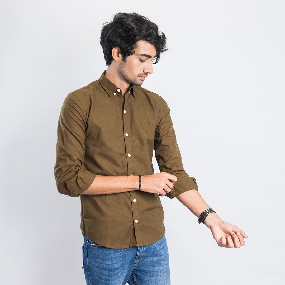 VYBE- Casual Solid Shirt- Olive Brown