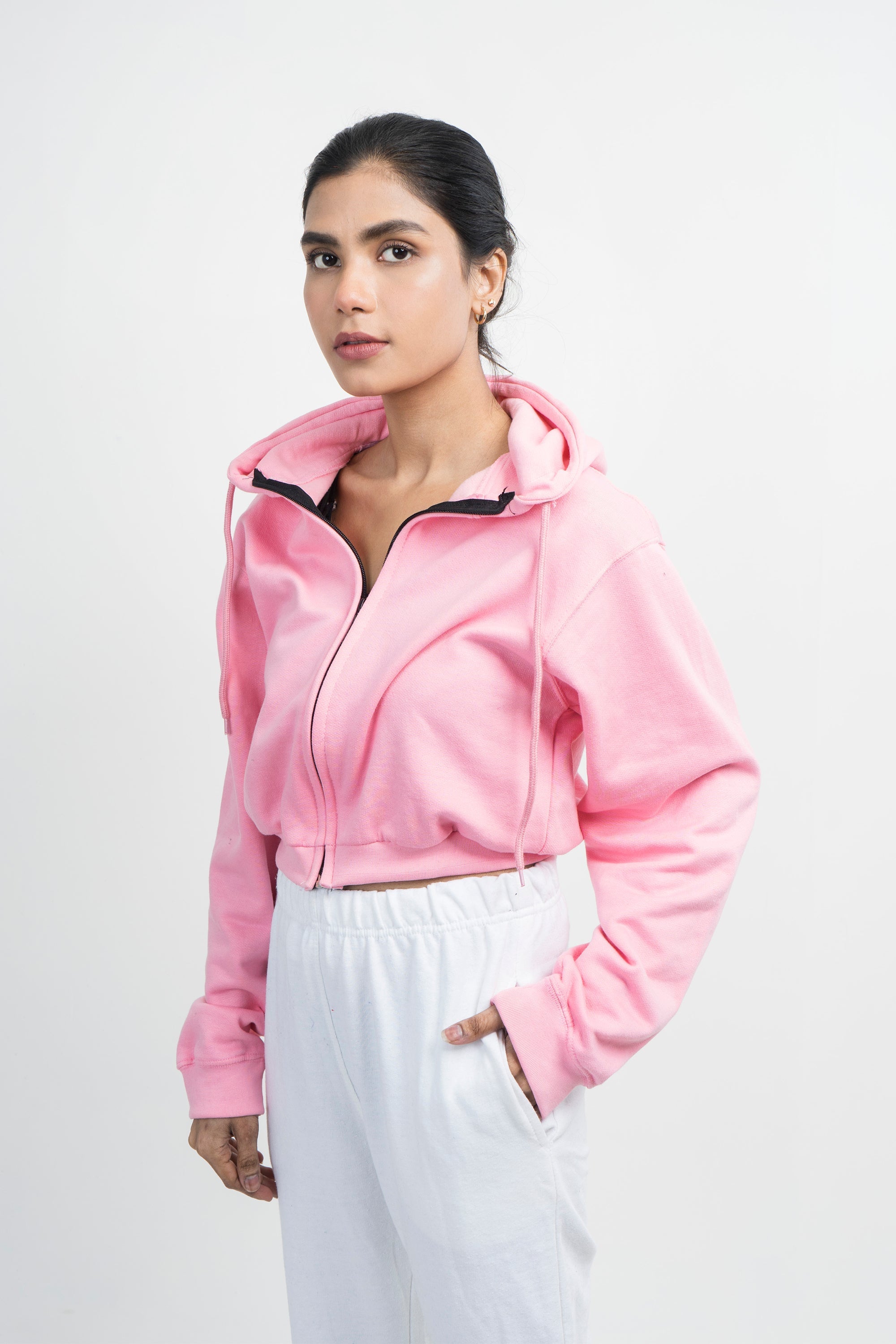 Vybe Basics - Crop Style Zipper Hoodie - Pink
