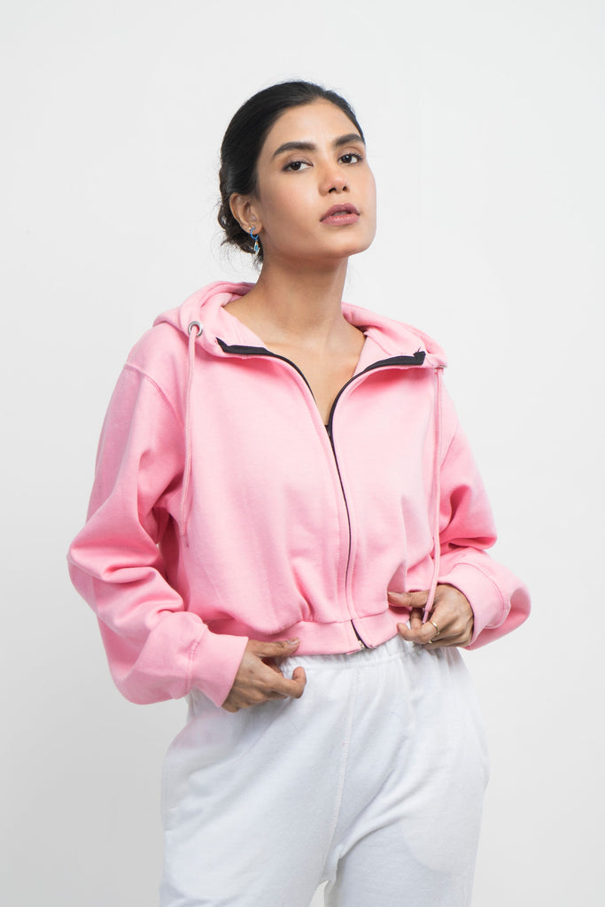 Vybe Basics - Crop Style Zipper Hoodie - Pink