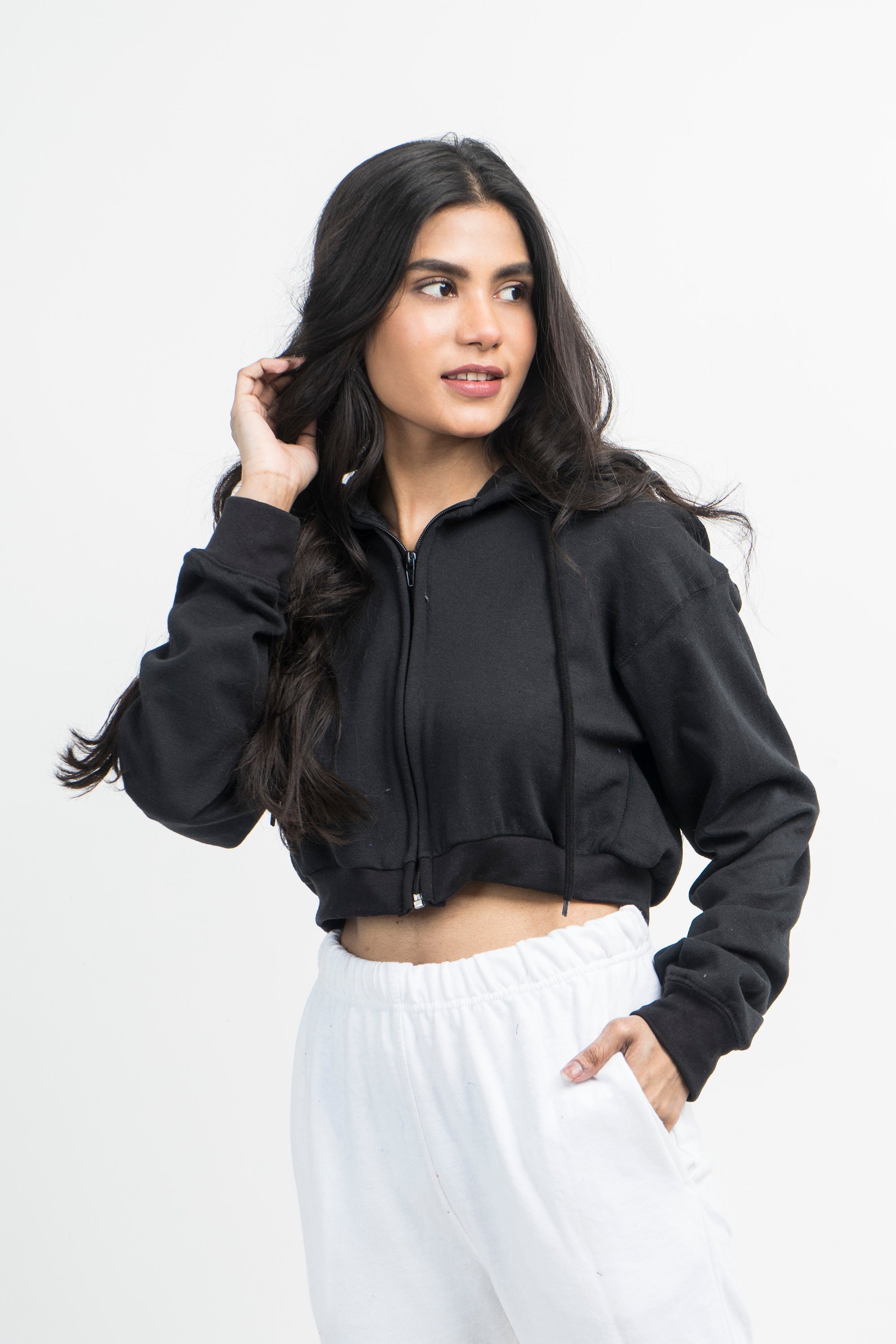 Vybe Basics - Crop Style Zipper Hoodie - Black