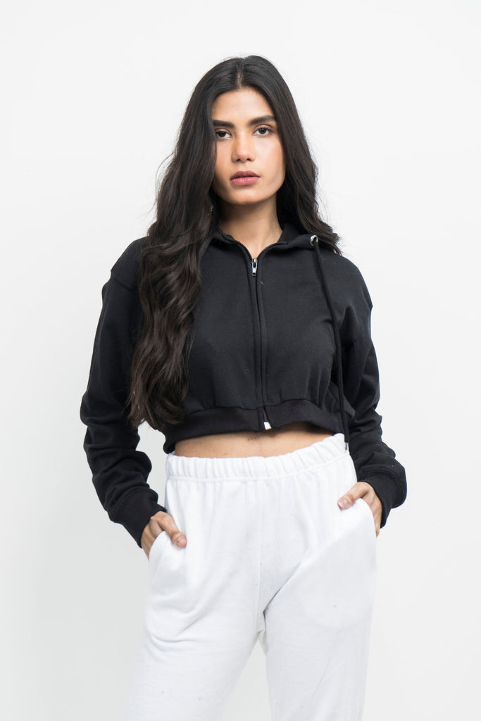 Vybe Basics - Crop Style Zipper Hoodie - Black