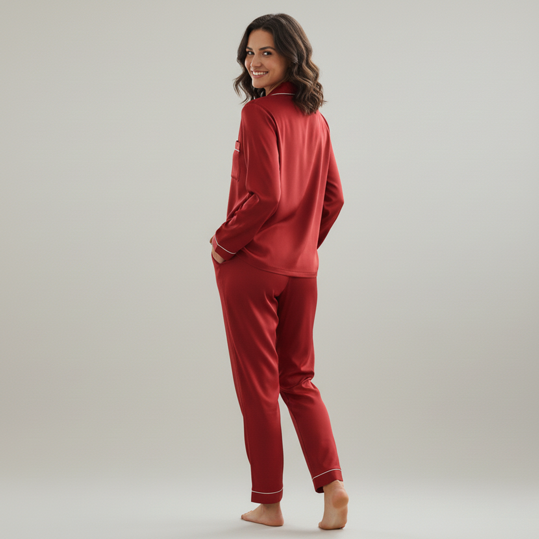 Vybe - Premium Silk Pajama Suit - Red Wine