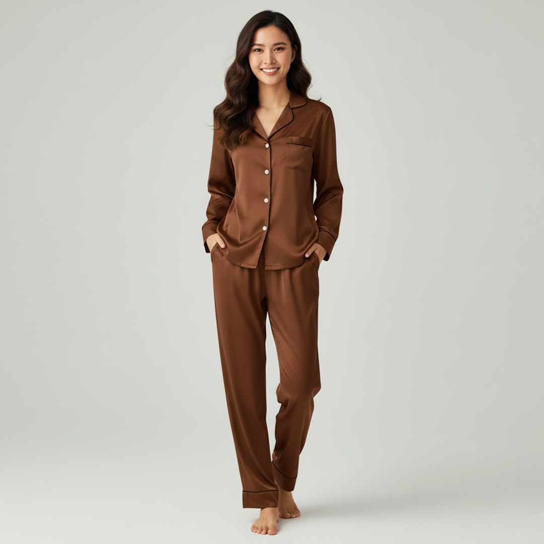 Vybe - Premium Silk Pajama Suit - Brown