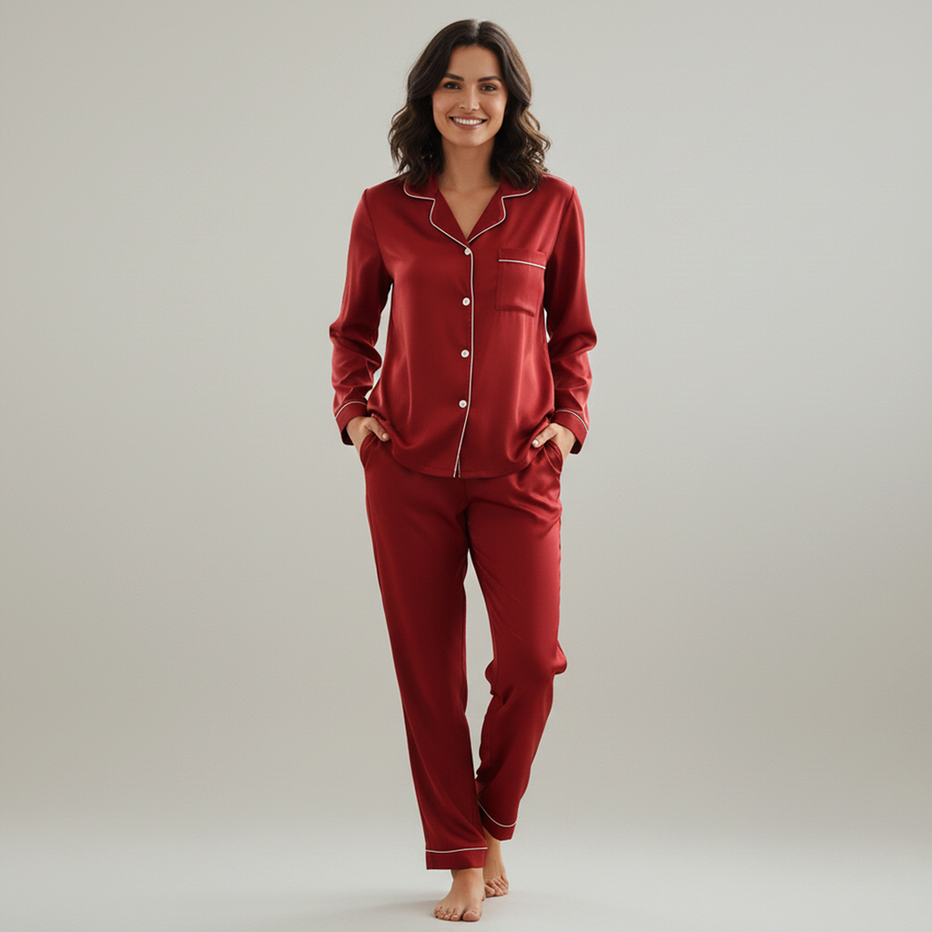 Vybe - Premium Silk Pajama Suit - Red Wine