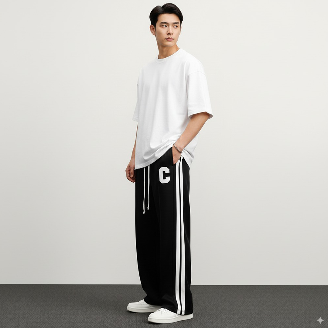 Vybe - Side Stripe Embroidery Trouser - Black