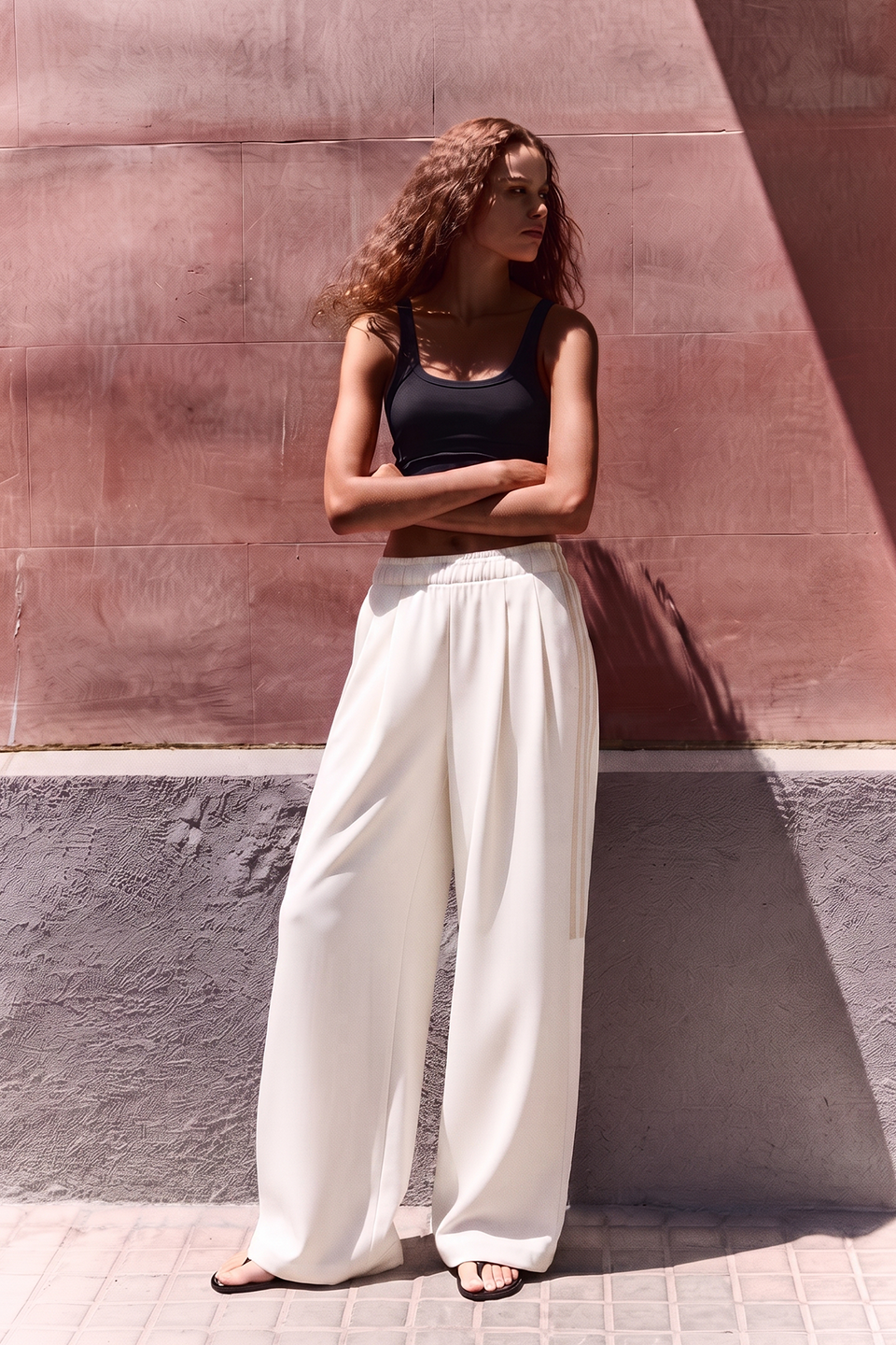Vybe - Women Tiro 3-Stripes Wide-leg Pleated Pants - Oat Milk