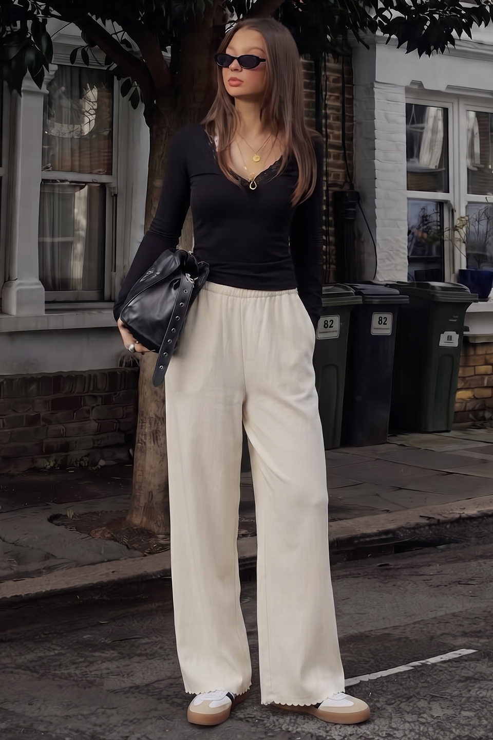 Vybe - Women Wide-leg Trouser With Scalloped Edge - Oat Milk
