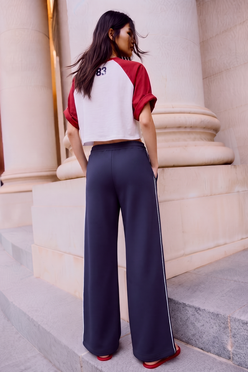 Vybe - Women Wide-leg Plush Trouser With Trim Detail - Navy Blue