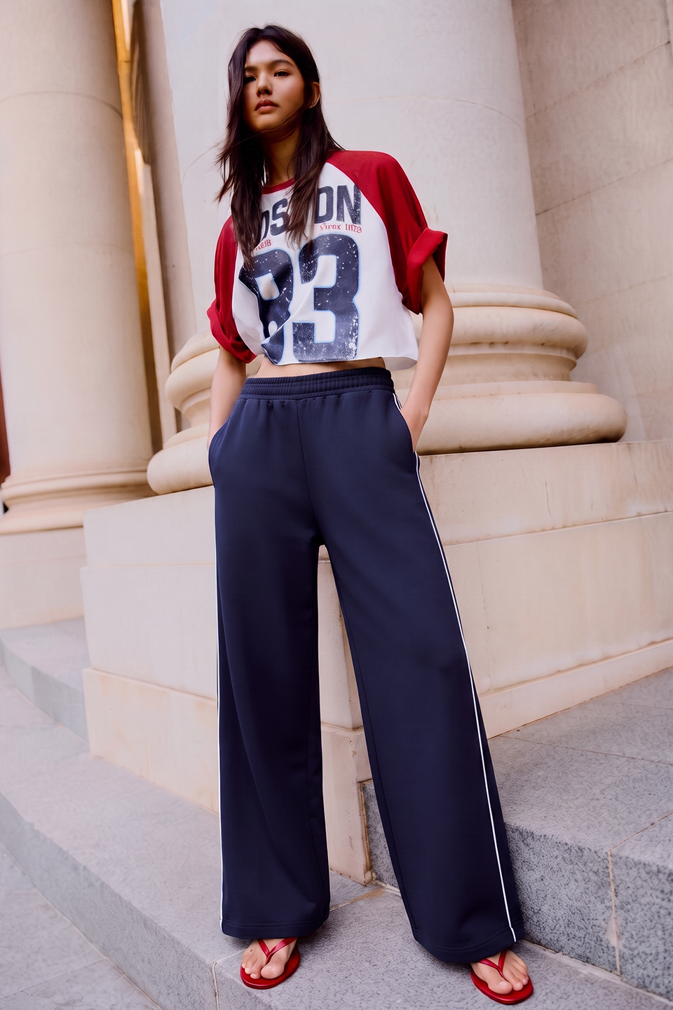 Vybe - Women Wide-leg Plush Trouser With Trim Detail - Navy Blue