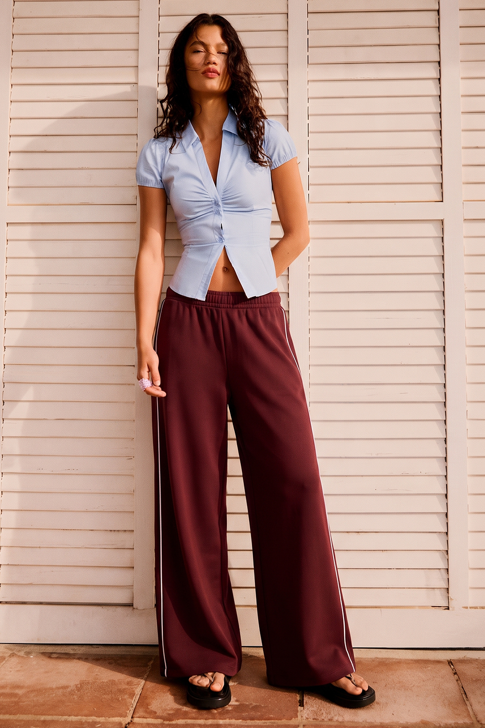 Vybe - Women Wide-leg Plush Trouser With Trim Detail - Maroon