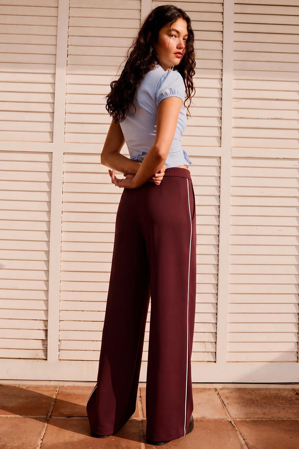 Vybe - Women Wide-leg Plush Trouser With Trim Detail - Maroon