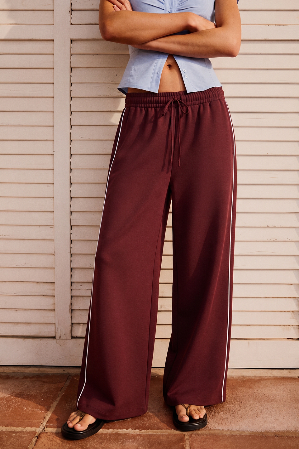 Vybe - Women Wide-leg Plush Trouser With Trim Detail - Maroon