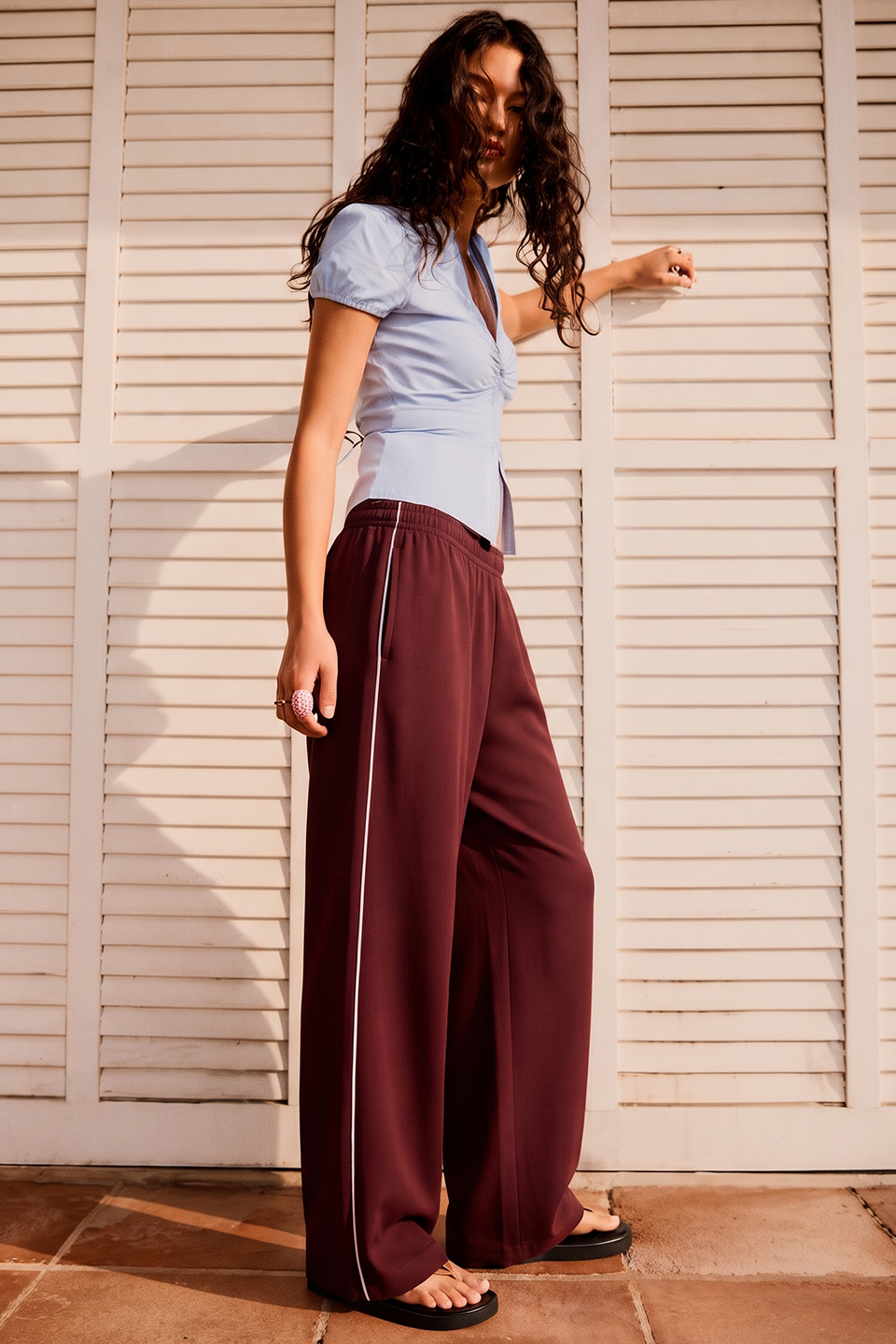 Vybe - Women Wide-leg Plush Trouser With Trim Detail - Maroon