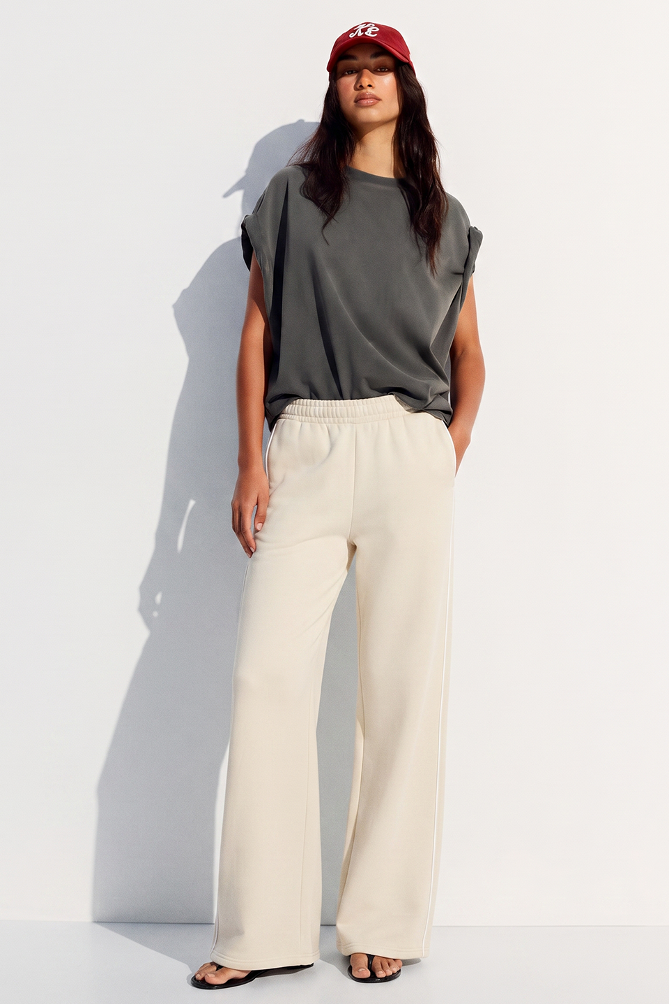 Vybe - Women Wide-leg Plush Trouser With Trim Detail - Oat Milk