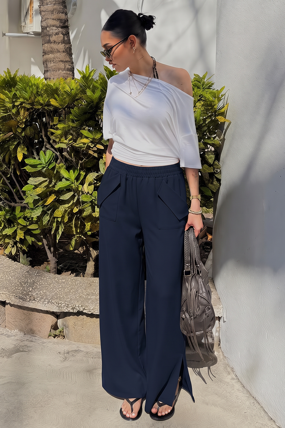 Vybe - Women Smart Pocket Wide-leg Trouser - Navy Blue