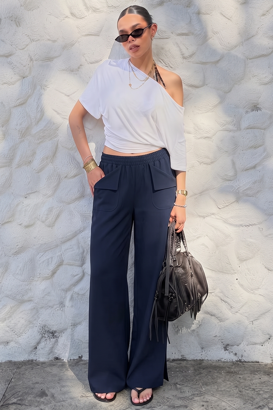 Vybe - Women Smart Pocket Wide-leg Trouser - Navy Blue