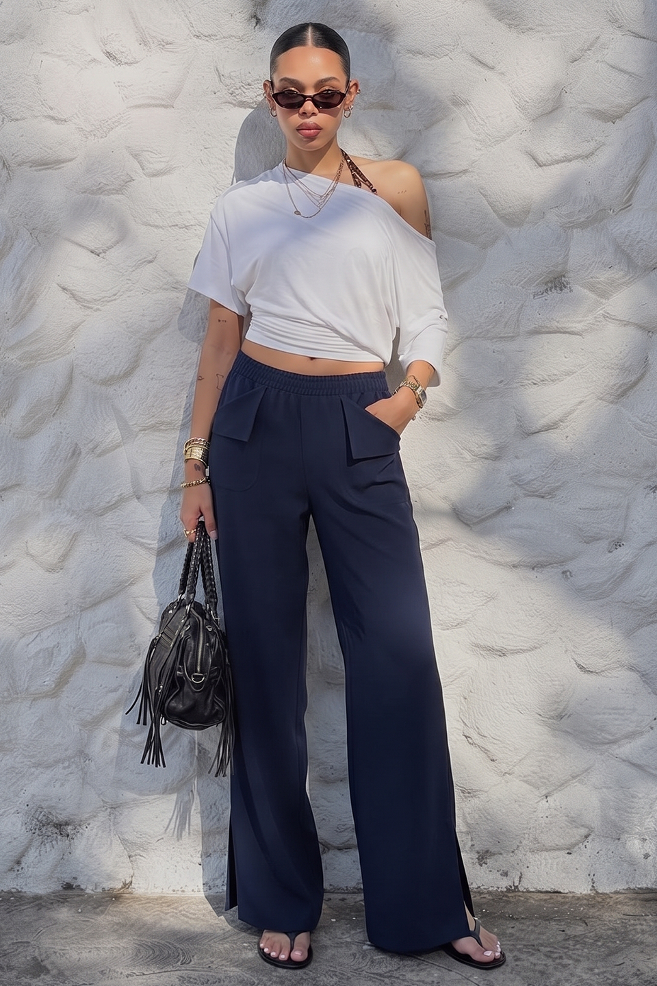Vybe - Women Smart Pocket Wide-leg Trouser - Navy Blue