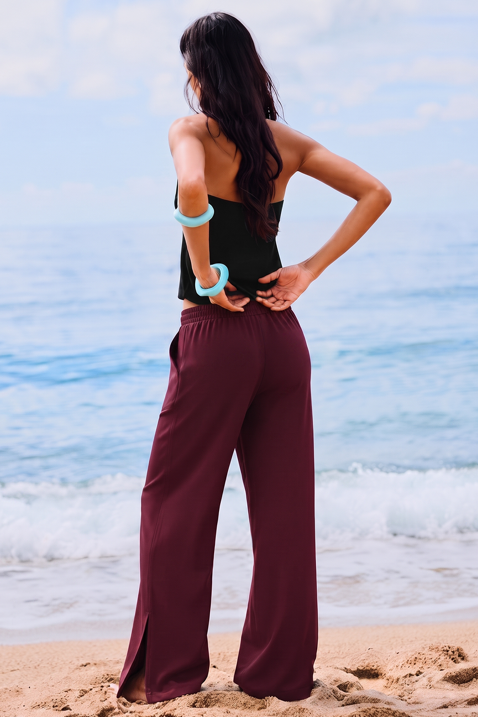 Vybe - Women Smart Pocket Wide-leg Trouser - Maroon