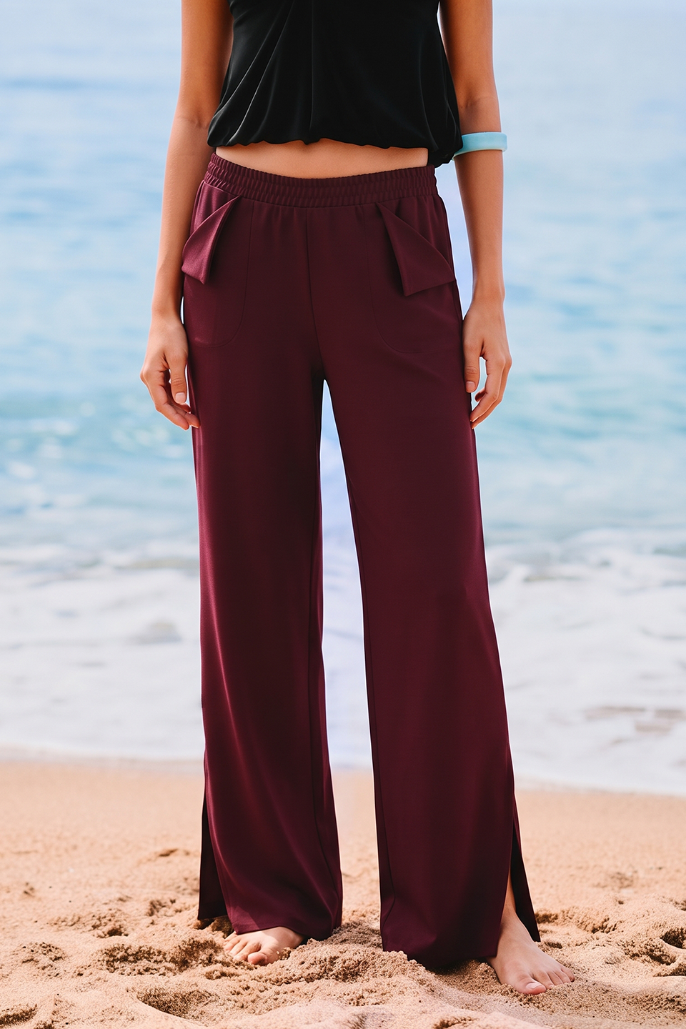 Vybe - Women Smart Pocket Wide-leg Trouser - Maroon