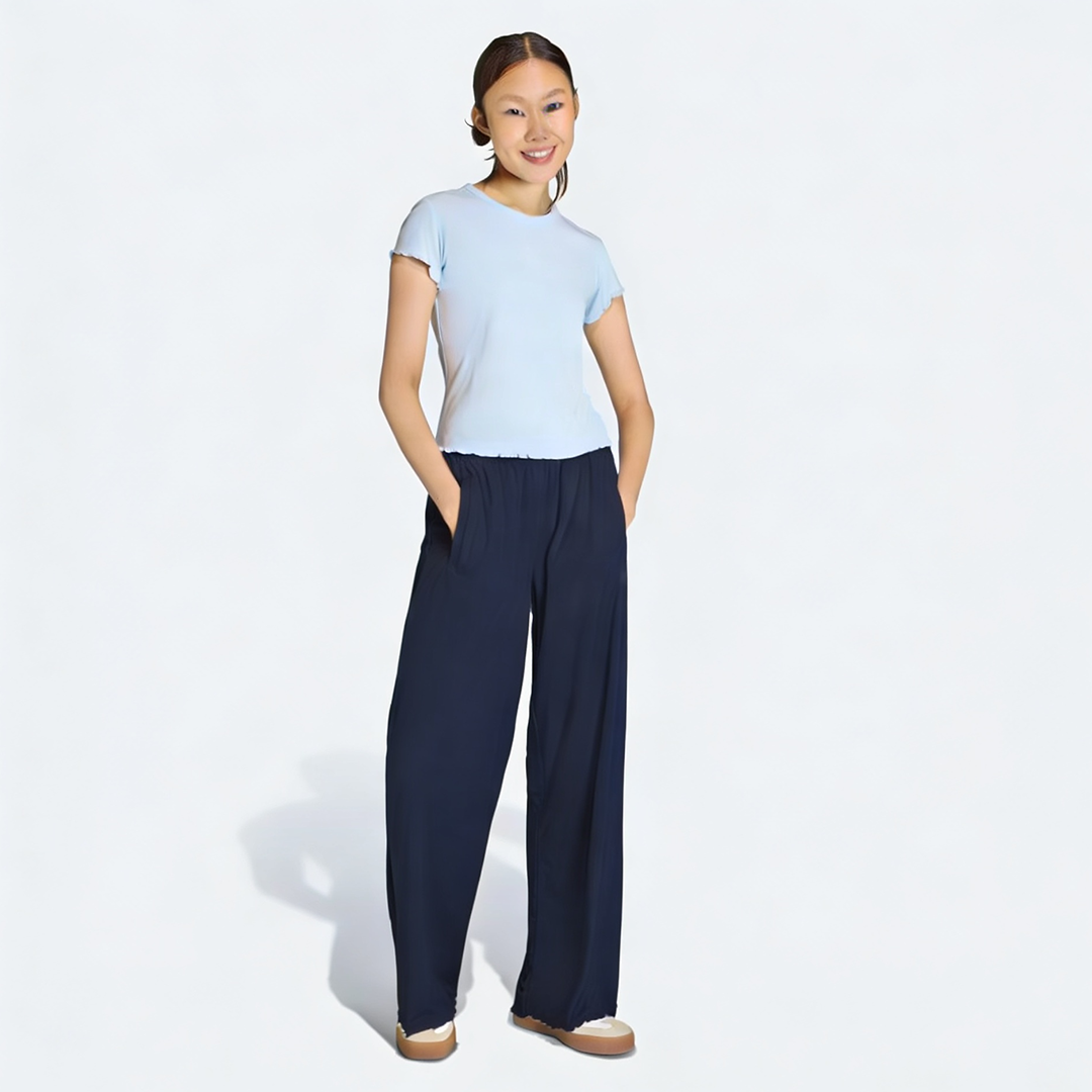 Vybe - Women Wide-leg Trouser With Scalloped Edge - Navy Blue