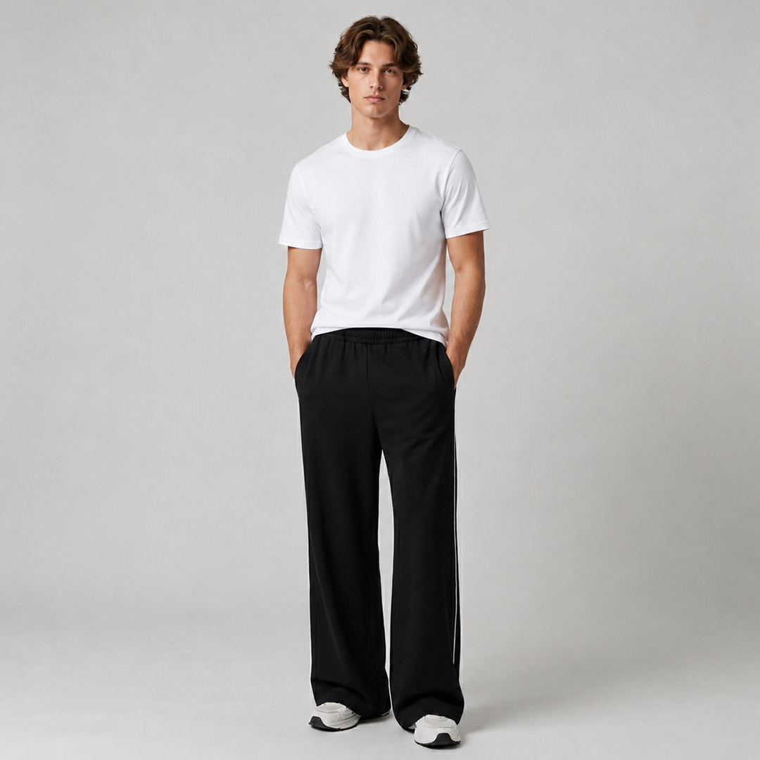 Vybe - Men Wide-leg Plush Trouser With Trim Detail - Black