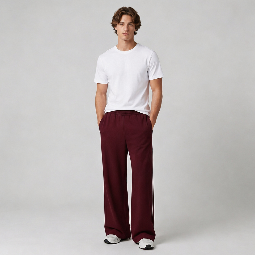 Vybe - Men Wide-leg Plush Trouser With Trim Detail - Maroon