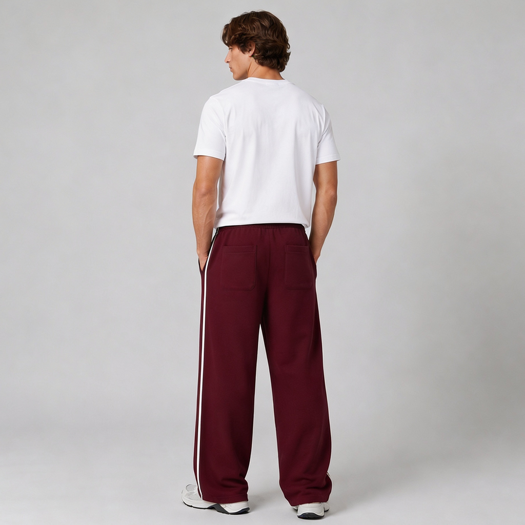 Vybe - Men Wide-leg Plush Trouser With Trim Detail - Maroon