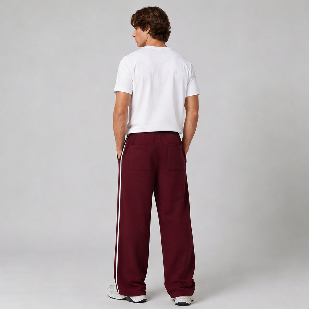 Vybe - Men Wide-leg Plush Trouser With Trim Detail - Maroon