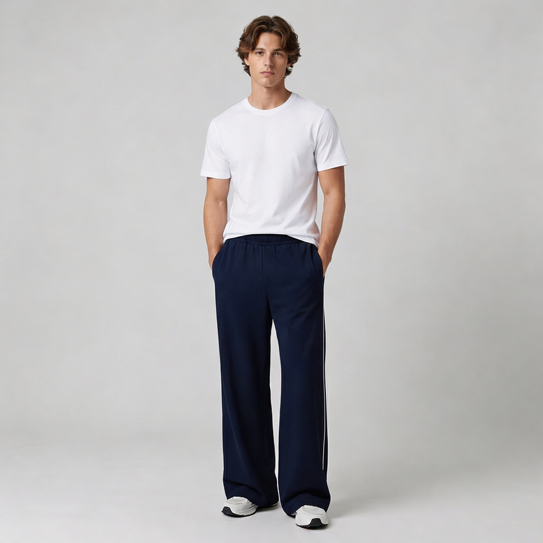 Vybe - Men Wide-leg Plush Trouser With Trim Detail - Navy Blue