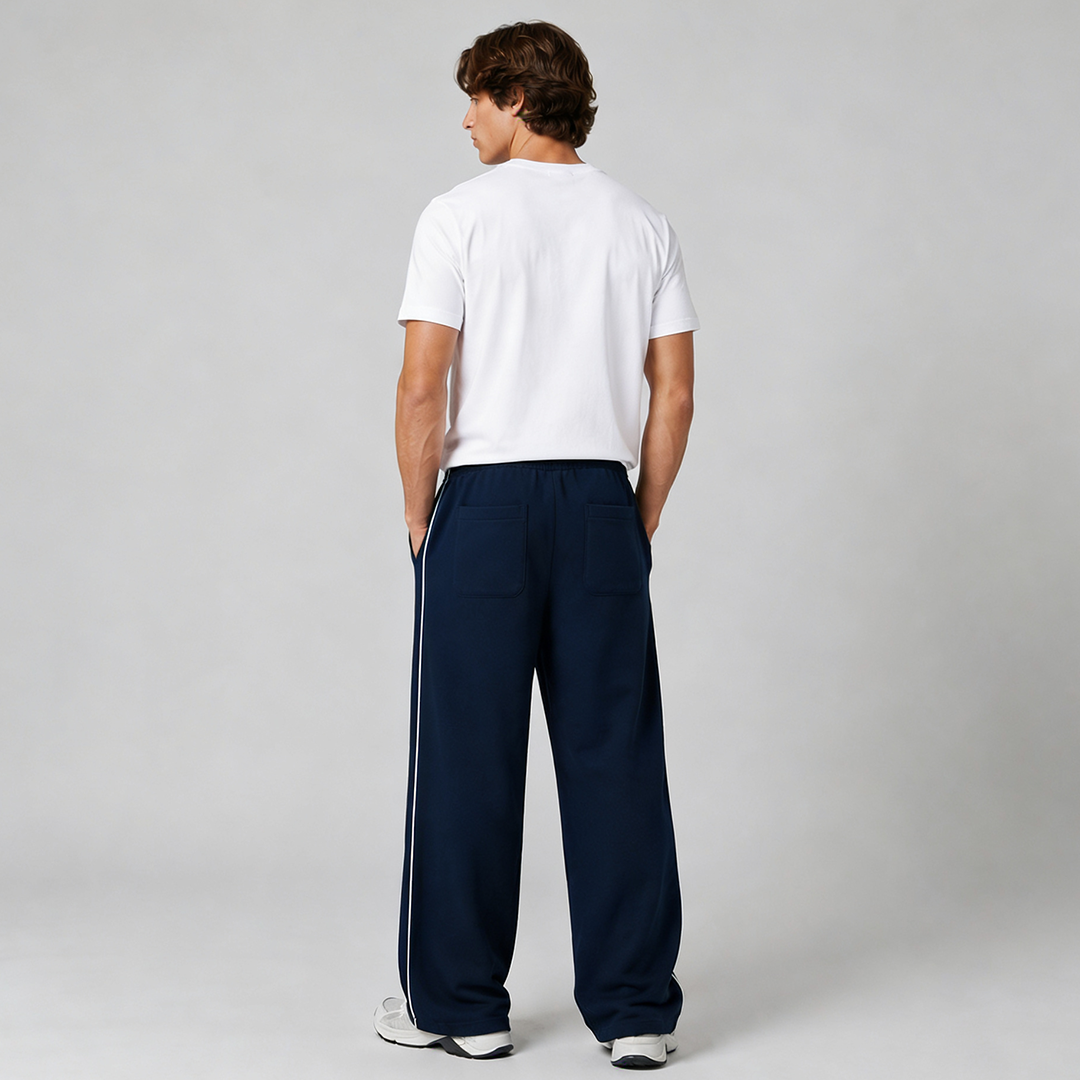 Vybe - Men Wide-leg Plush Trouser With Trim Detail - Navy Blue