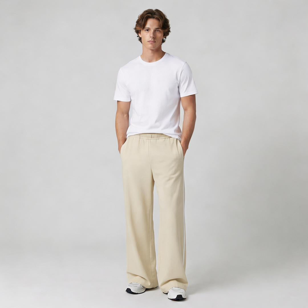 Vybe - Men Wide-leg Plush Trouser With Trim Detail - Oat Milk