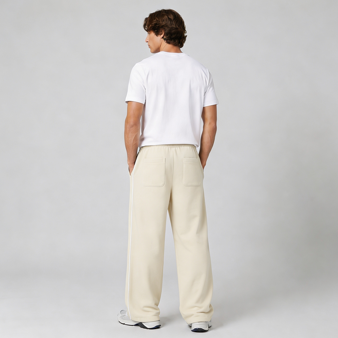 Vybe - Men Wide-leg Plush Trouser With Trim Detail - Oat Milk