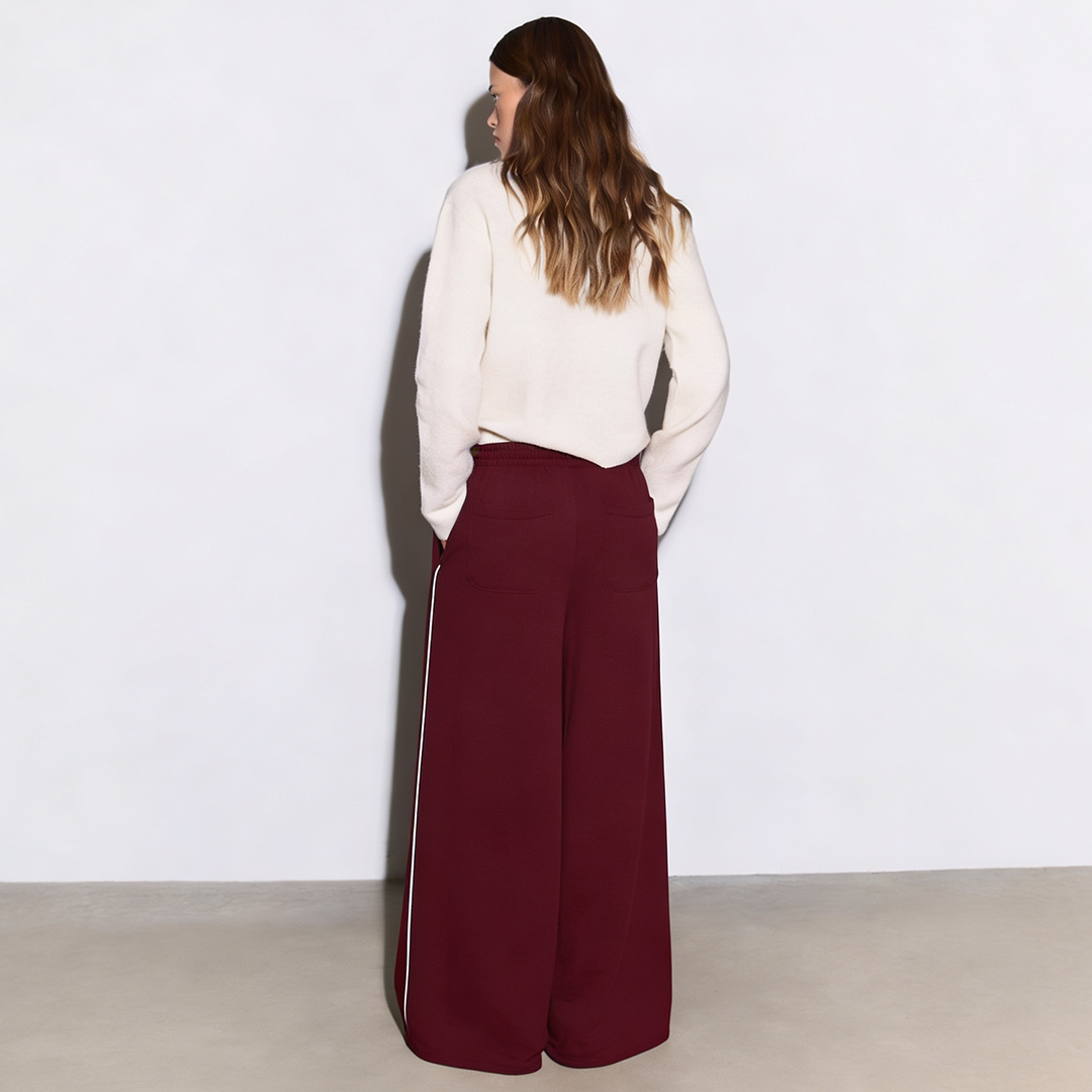 Vybe - Women Wide-leg Plush Trouser With Trim Detail - Maroon